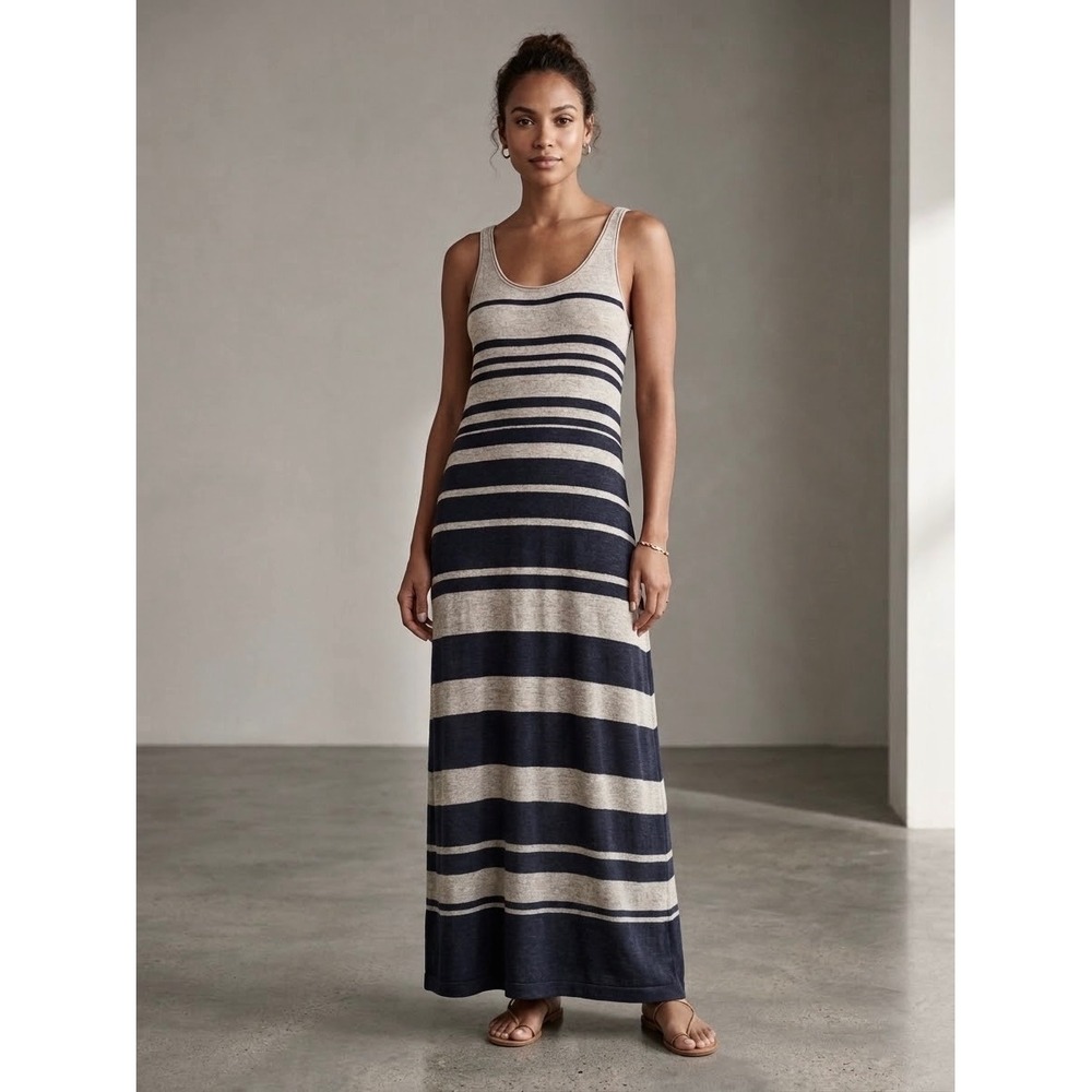 Vince sleeveless striped knit tank maxi dress Size M tan black boho lagenlook